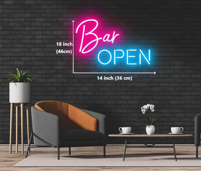 custom neon sign glowing with the words "Bar Open" in vibrant colors, inviting customers to enjoy a lively atmosphere.